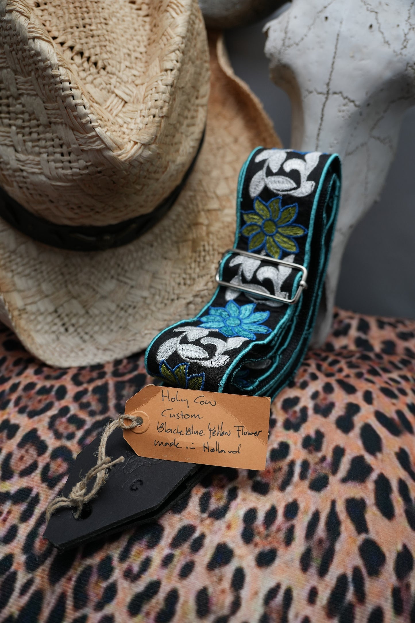 Holy Cow Straps Custom Black Blue Yellow Flower - Hand Made