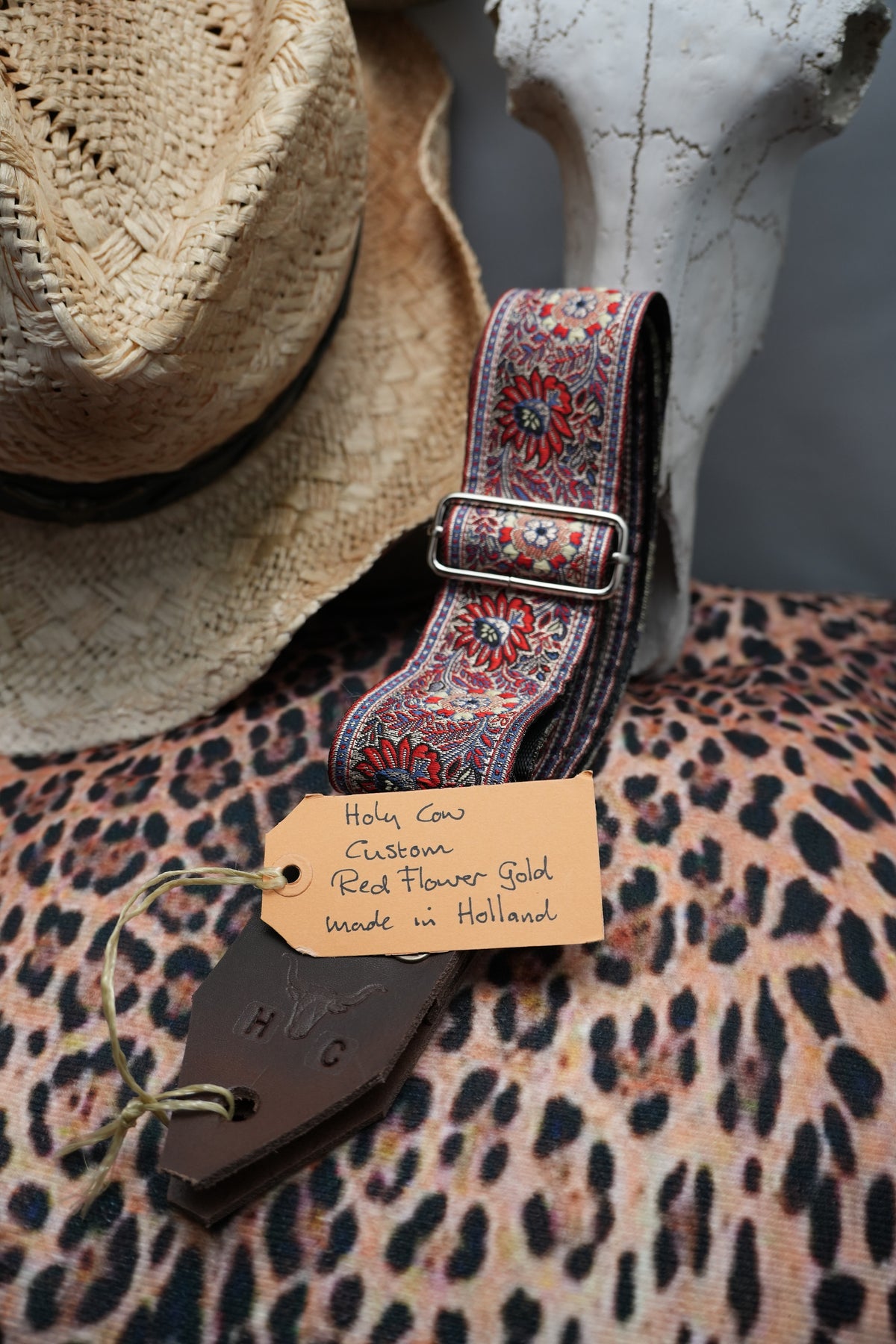 Holy Cow Straps Custom Red Flower Gold - Hand Made