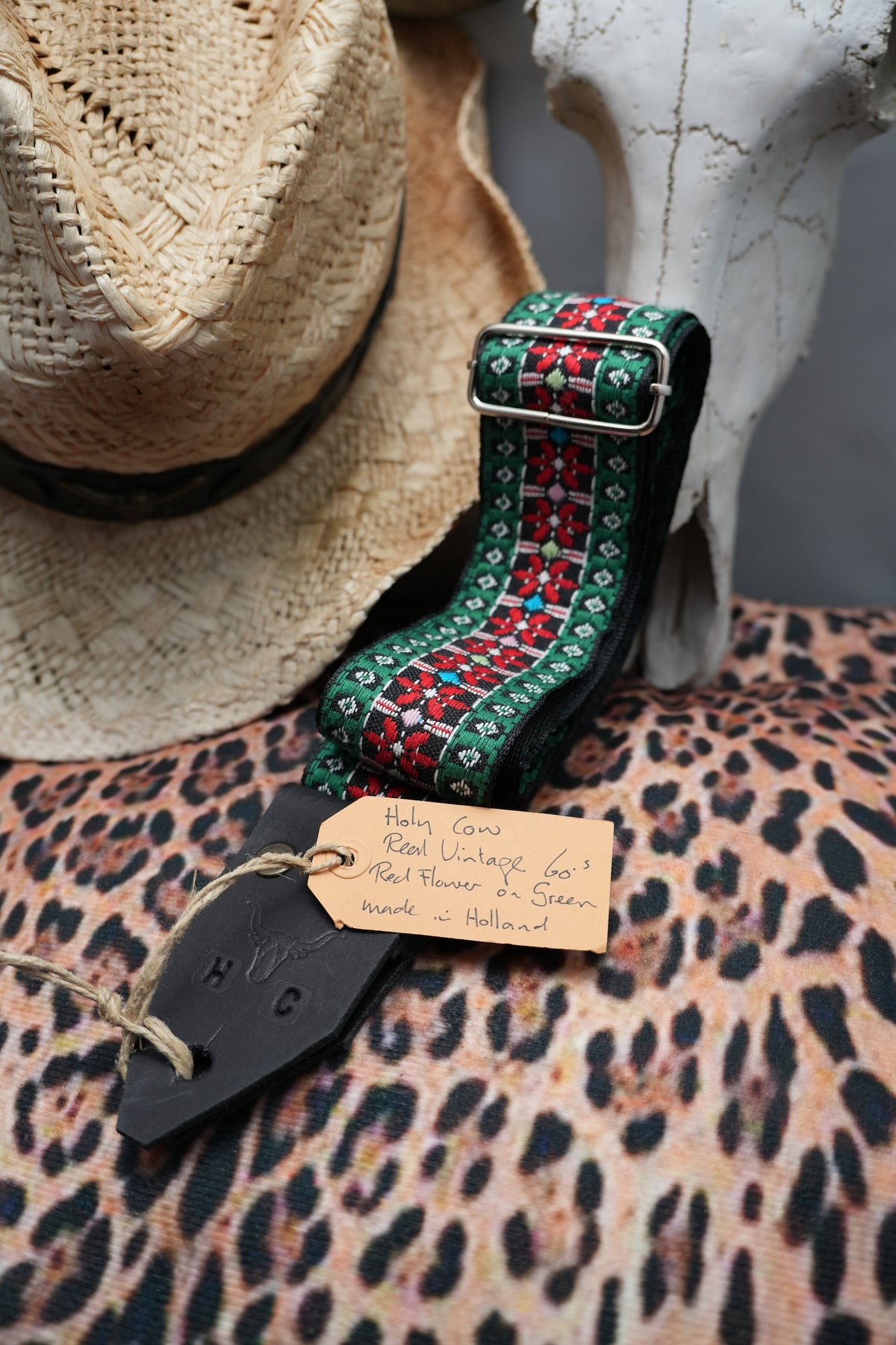 Holy Cow Straps Holy Cow Real Vintage 60's Red Flower on Green - Hand Made