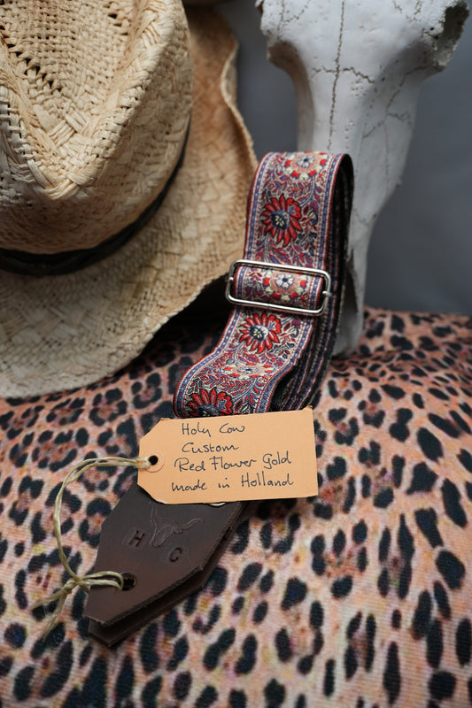 Holy Cow Straps Custom Red Flower Gold - Hand Made