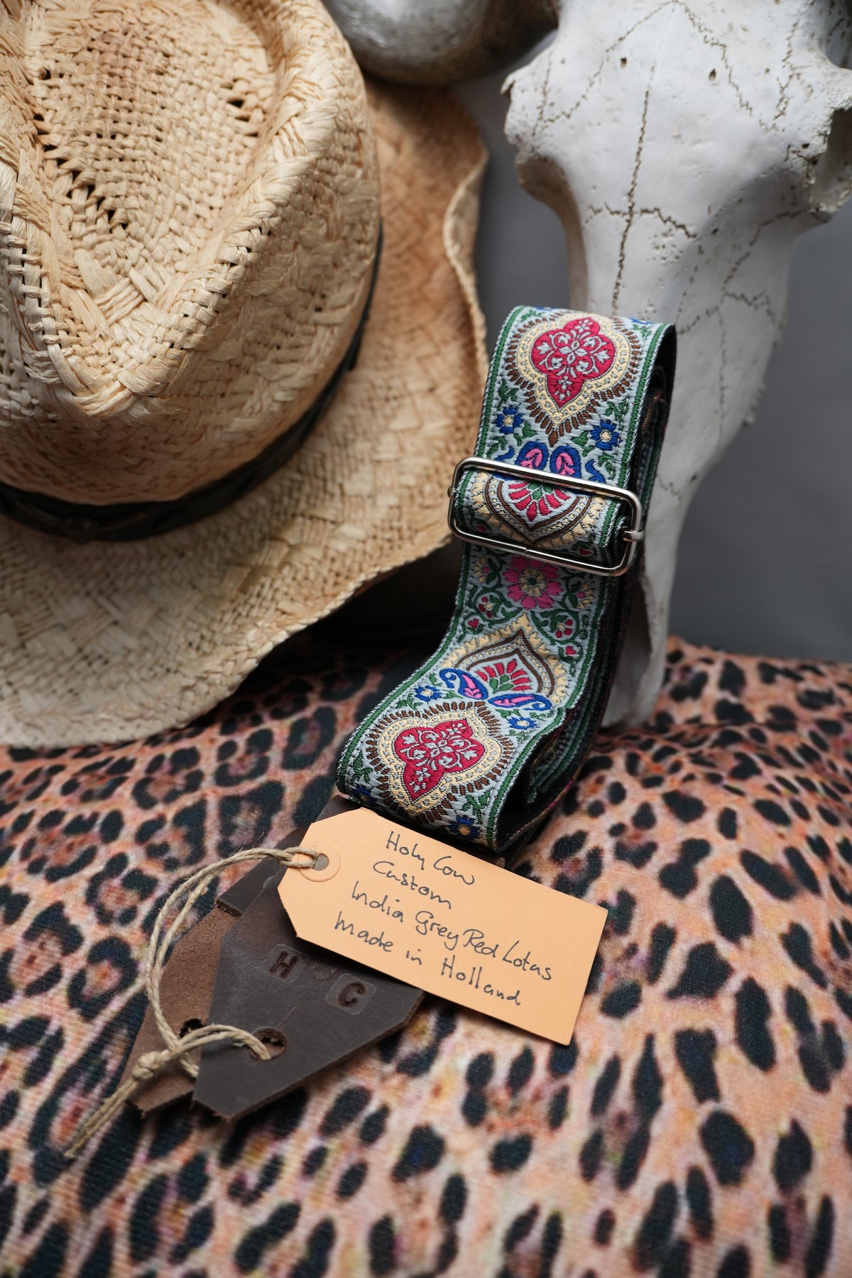 Holy Cow Straps Custom India Grey Red Lotus - Hand Made