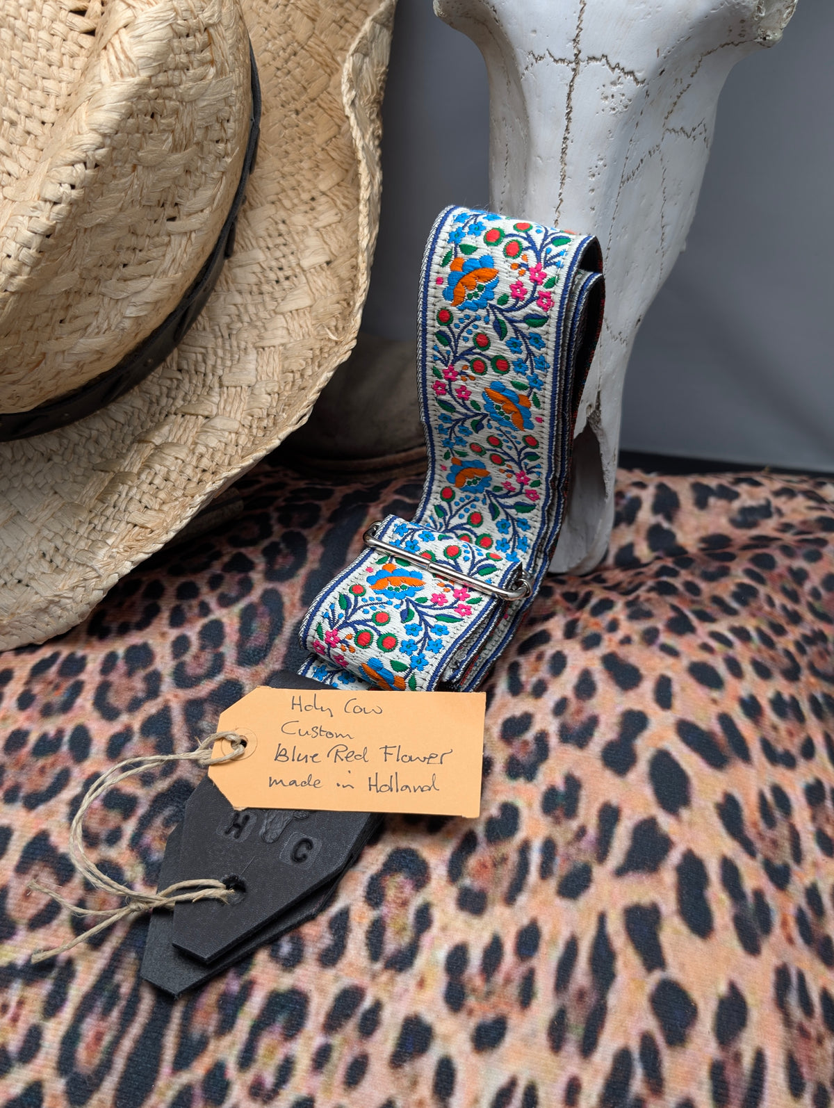 Holy Cow Straps Custom Blue Red Flower - Hand Made